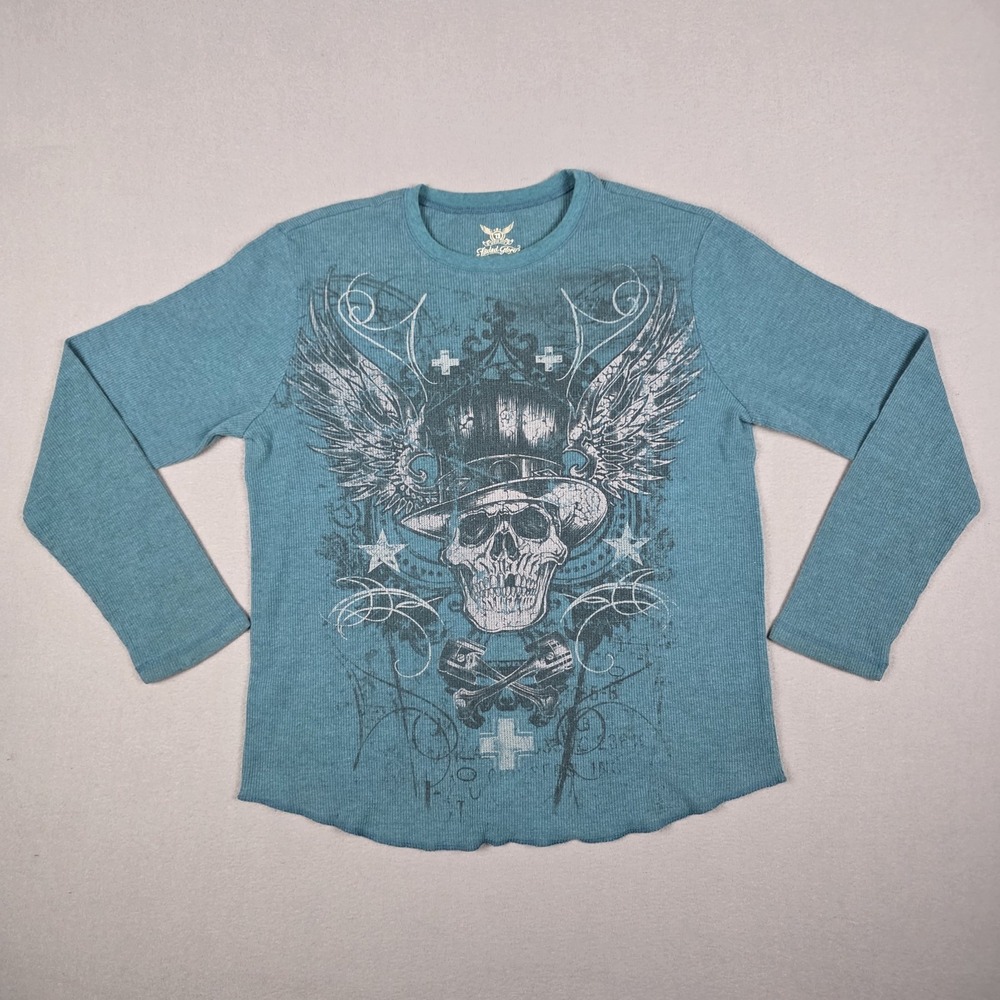 Vintage Faded Glory Shirt Mens X-Large Blue Skull Thermal Waffle Knit Grunge Y2K